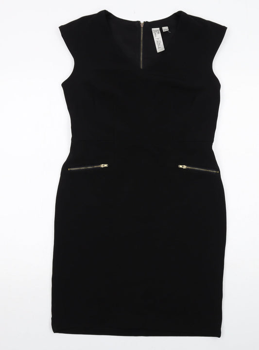 Emma & Michele Womens Black Polyester Pencil Dress Size 6 V-Neck Zip - Cap Sleeve