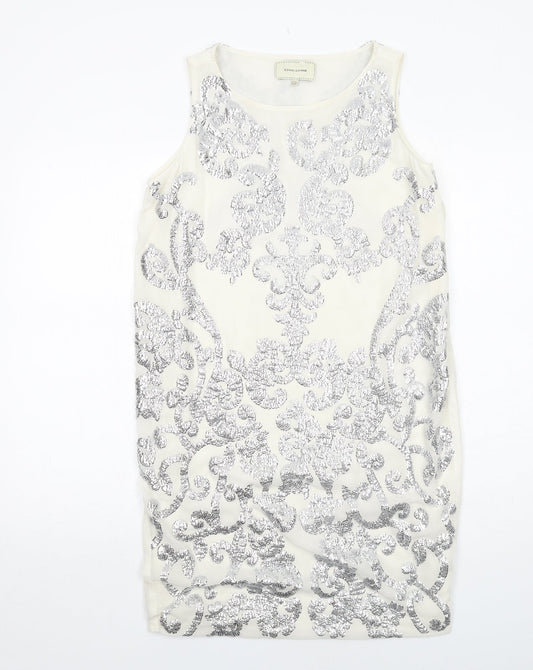 River Island Womens Ivory Geometric Polyester Shift Size 10 Boat Neck Zip - Embellished