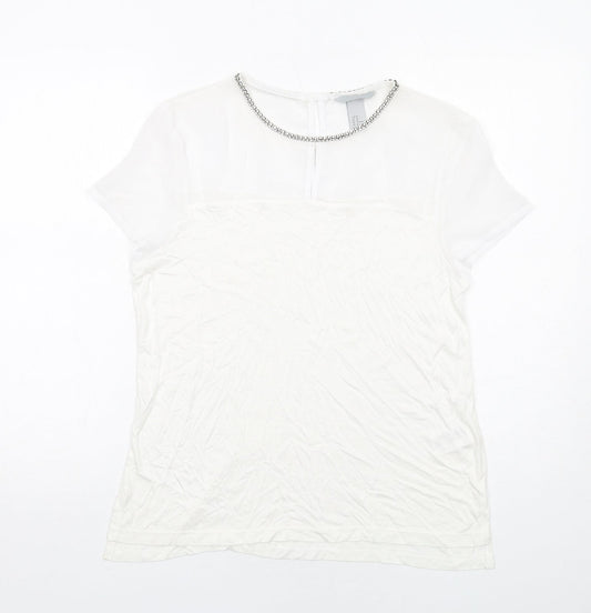 H&M Womens White Polyester Basic T-Shirt Size M Boat Neck - Embellished Neckline