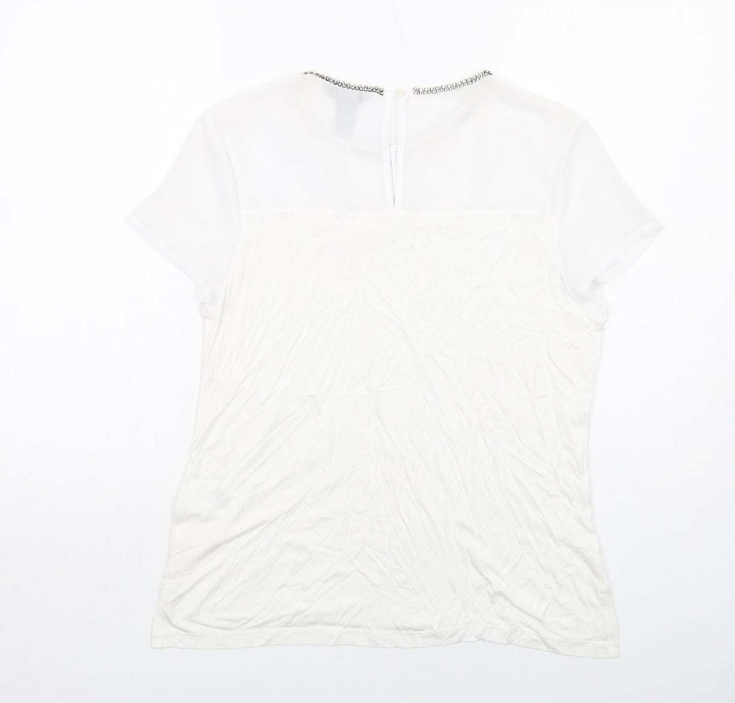 H&M Womens White Polyester Basic T-Shirt Size M Boat Neck - Embellished Neckline