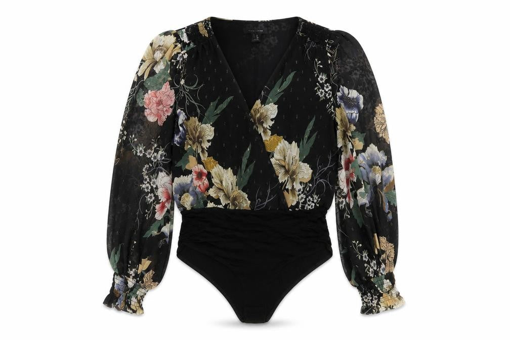 New Look Womens Black Floral Polyester Bodysuit One-Piece Size 8 Snap - Wrap Front