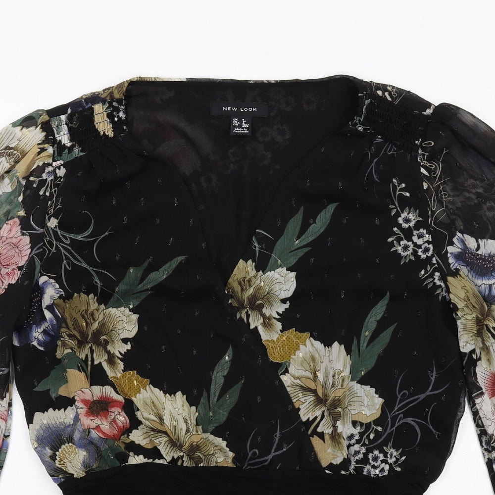 New Look Womens Black Floral Polyester Bodysuit One-Piece Size 8 Snap - Wrap Front
