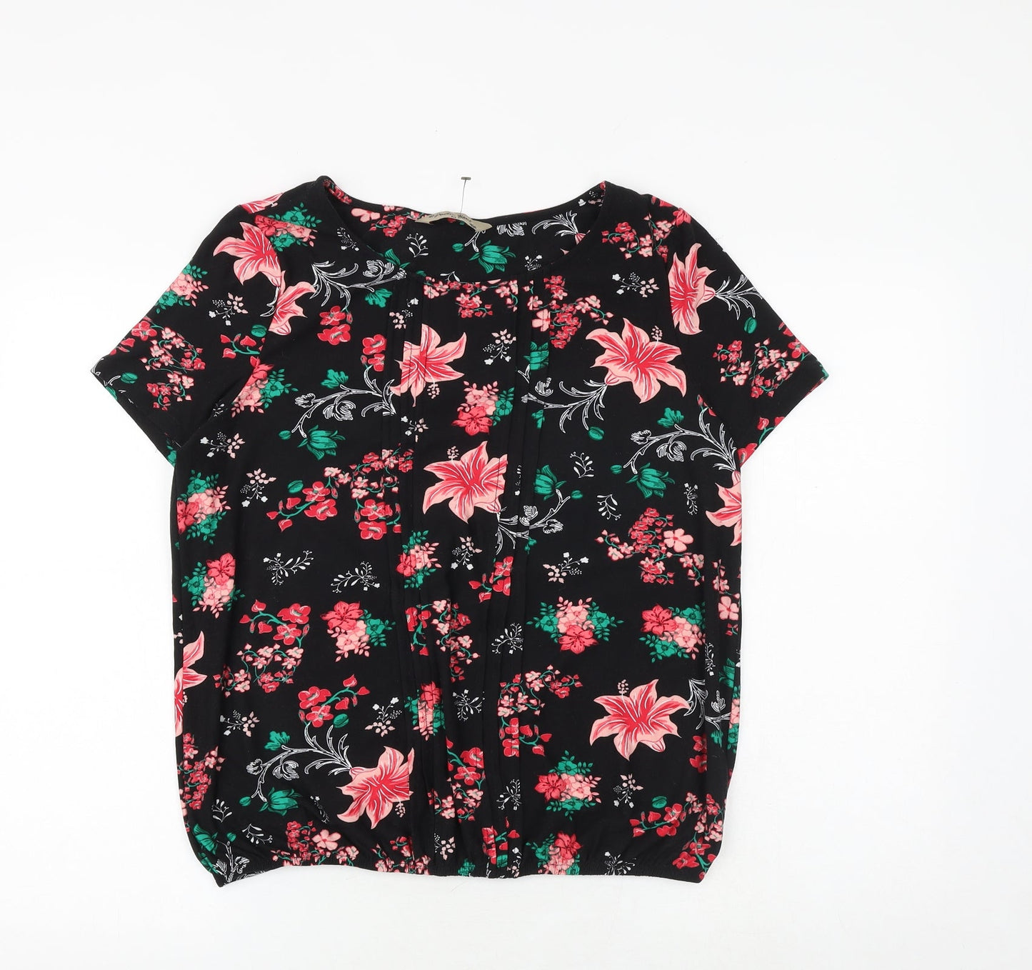 Poetic Soul Womens Black Floral Viscose Basic Blouse Size M Boat Neck - Front Pleat Detail