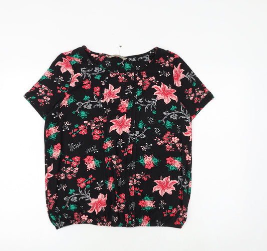 Poetic Soul Womens Black Floral Viscose Basic Blouse Size M Boat Neck - Front Pleat Detail