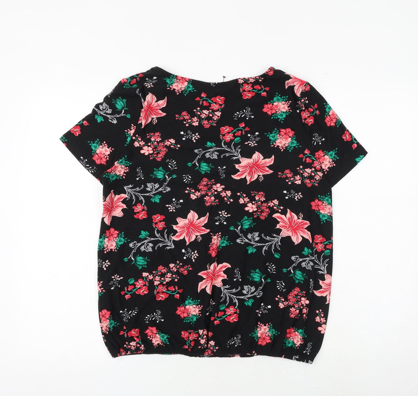 Poetic Soul Womens Black Floral Viscose Basic Blouse Size M Boat Neck - Front Pleat Detail