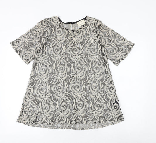 Pins and Needles Womens Black Floral Cotton Basic Blouse Size S Boat Neck