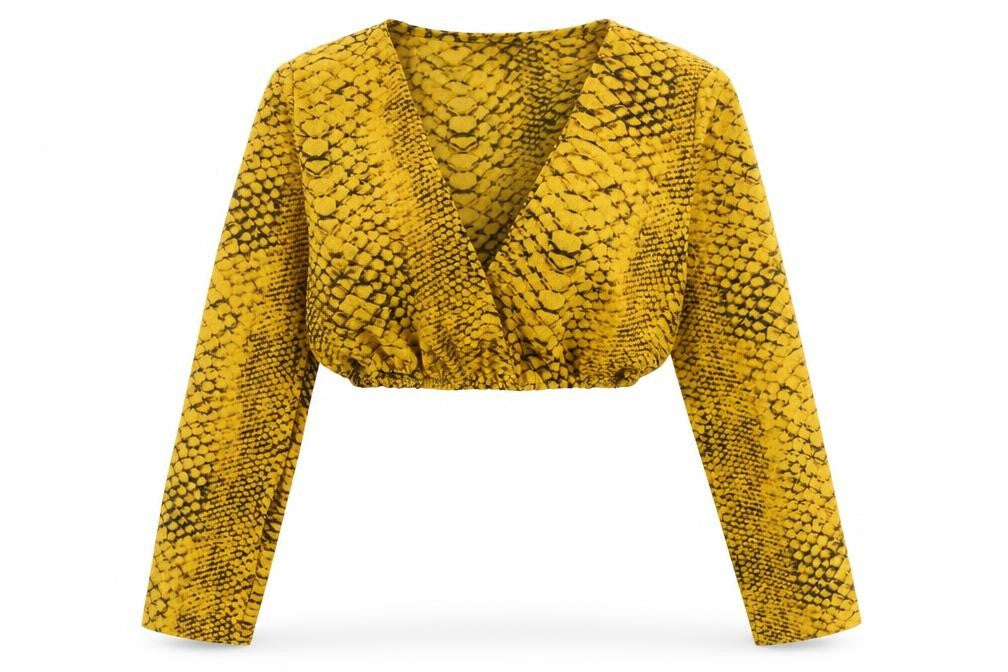 PRETTYLITTLETHING Womens Yellow Animal Print Polyester Cropped Blouse Size 6 V-Neck - Snake Print
