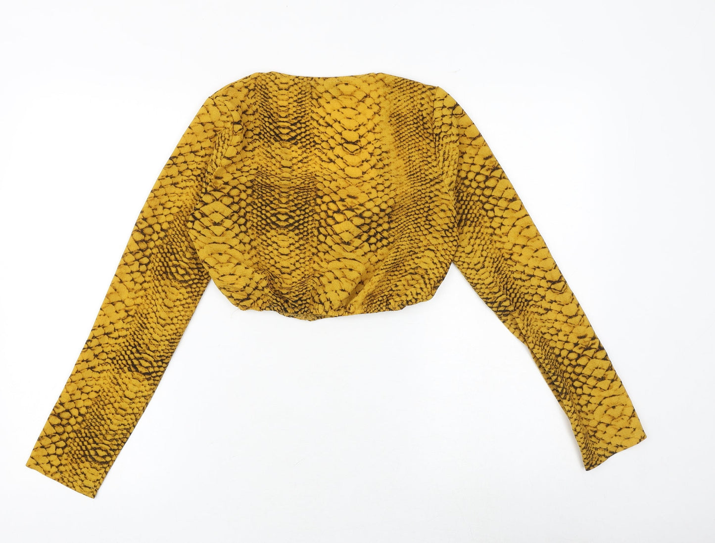 PRETTYLITTLETHING Womens Yellow Animal Print Polyester Cropped Blouse Size 6 V-Neck - Snake Print