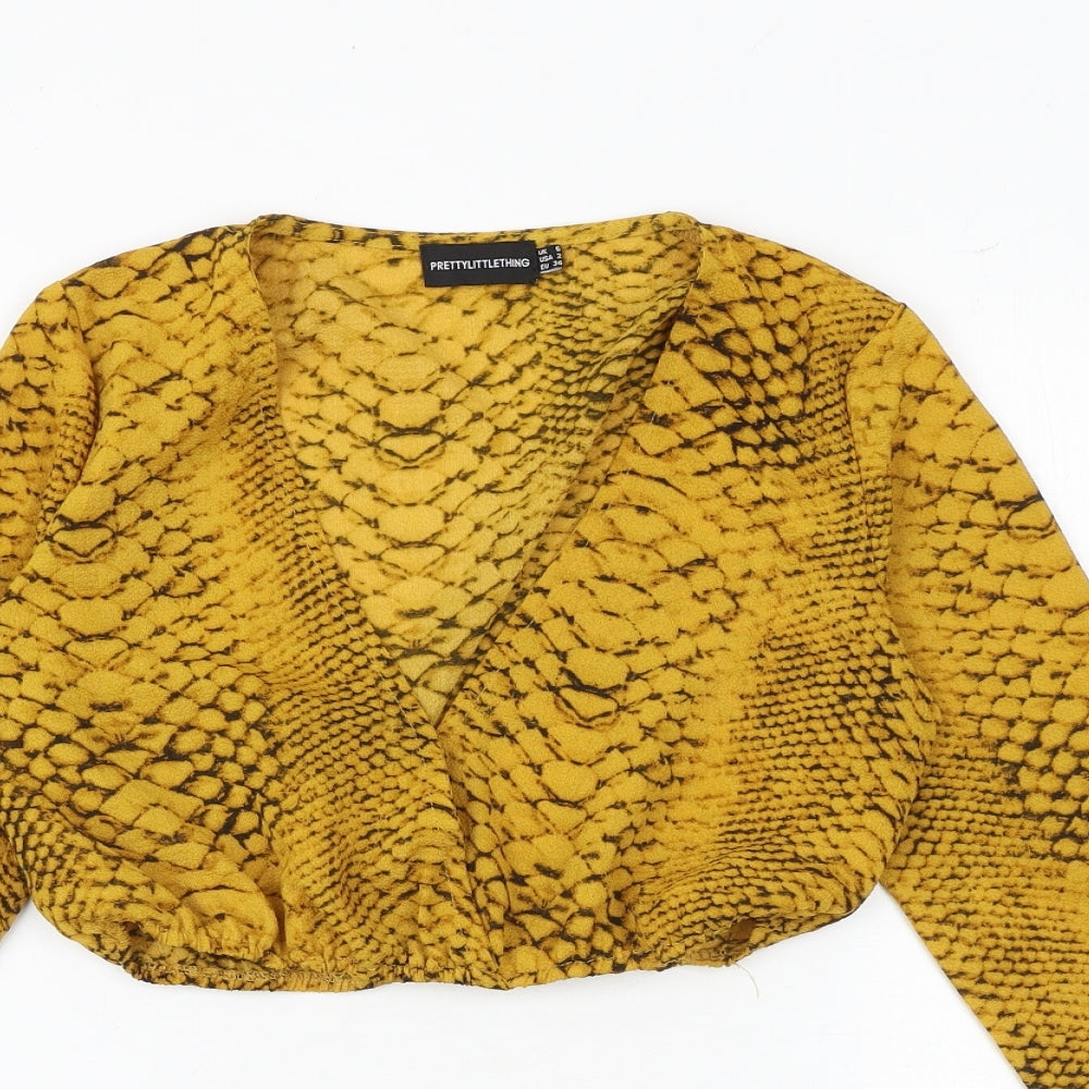 PRETTYLITTLETHING Womens Yellow Animal Print Polyester Cropped Blouse Size 6 V-Neck - Snake Print