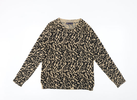Marks and Spencer Womens Black Round Neck Animal Print Acrylic Pullover Jumper Size 10 - Leaf Print