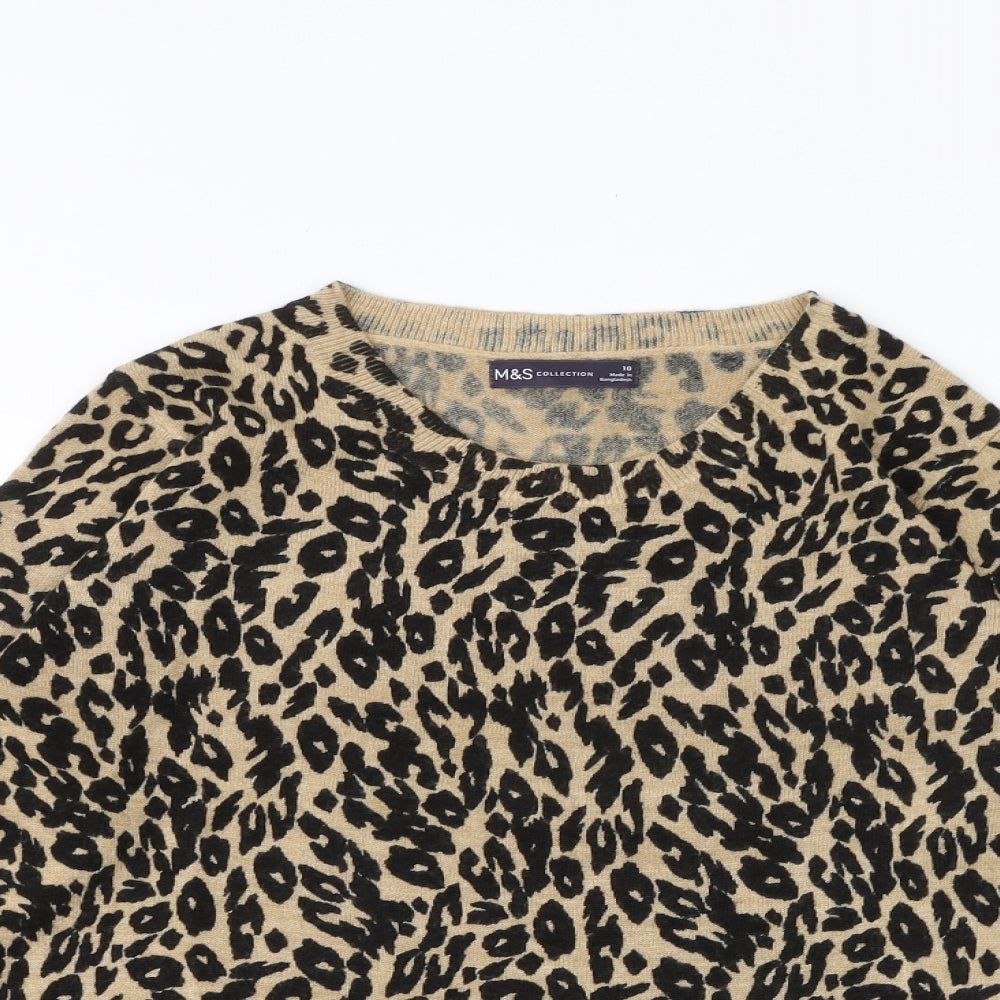 Marks and Spencer Womens Black Round Neck Animal Print Acrylic Pullover Jumper Size 10 - Leaf Print