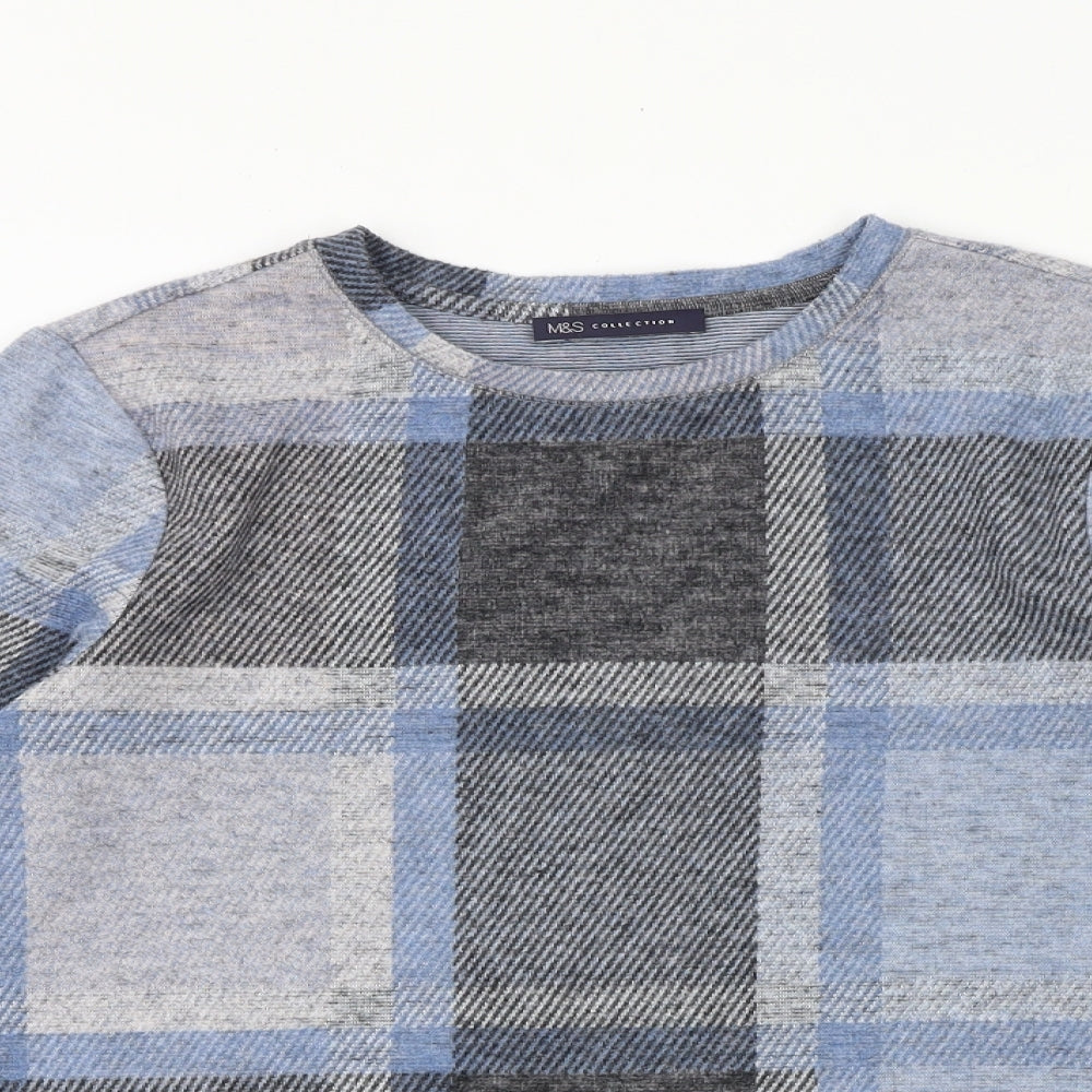 Marks and Spencer Womens Blue Round Neck Check Polyester Pullover Jumper Size S