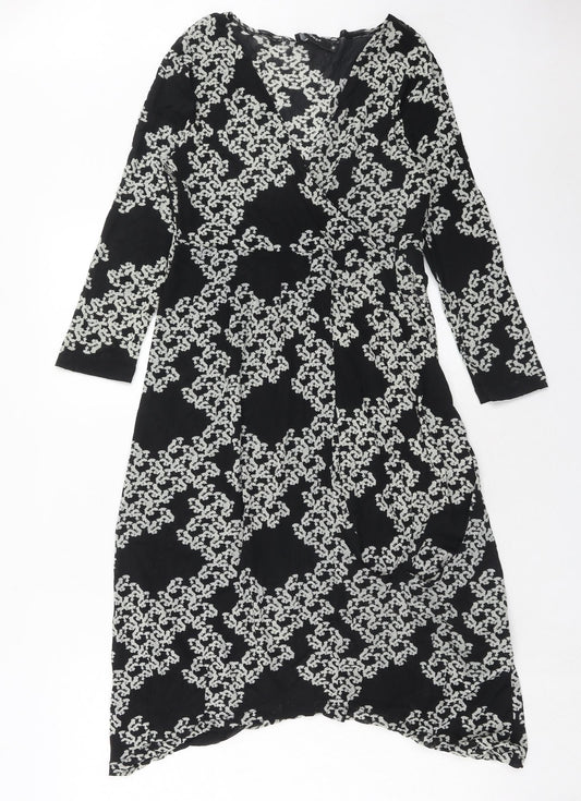 FLOWER Womens Black Geometric Polyester Trapeze & Swing Size 12 V-Neck Pullover