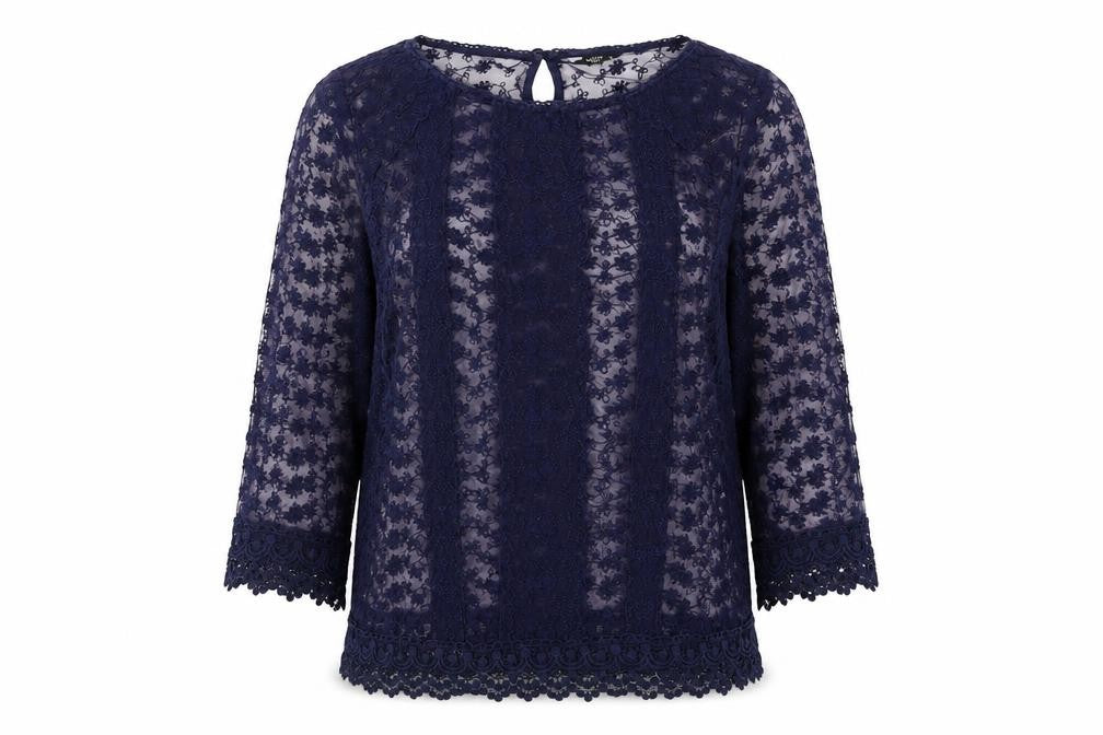 M&Co Womens Blue Floral Polyester Basic Blouse Size 10 Boat Neck - Crocheted Lace Trim