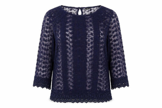 M&Co Womens Blue Floral Polyester Basic Blouse Size 10 Boat Neck - Crocheted Lace Trim