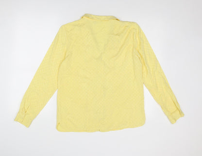 Back view of ICHI women’s yellow geometric viscose basic button-up, size S, collared