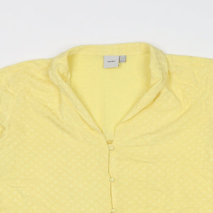 Close-up detail of ICHI women’s yellow geometric viscose basic button-up, size S, collared