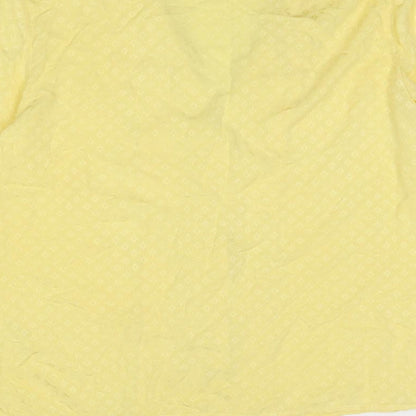 Brand and care label for ICHI women’s yellow geometric viscose basic button-up, size S, collared