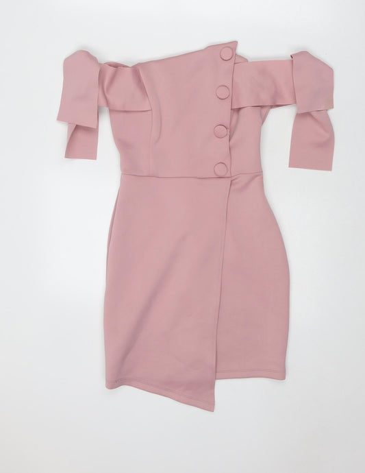 ASOS Womens Pink Polyester Mini Size 6 Off the Shoulder Zip - Tie Sleeve Detail