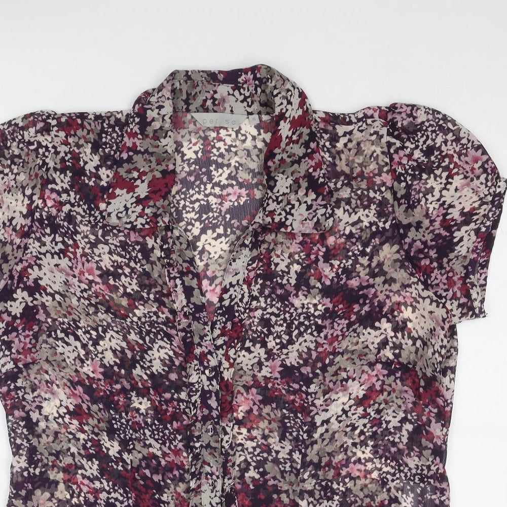Per Se Womens Multicoloured Geometric Polyester Basic Button-Up Size 16 Collared