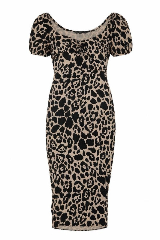 Front view of Missguided women’s beige animal print viscose bodycon, size UK 8, round neck pullover - leopard print