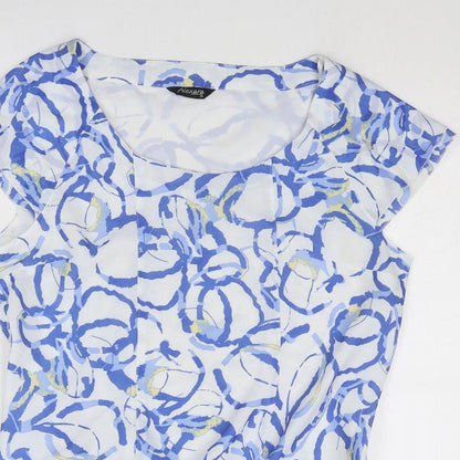 Close-up detail of Alexara women’s blue geometric polyester basic blouse, size UK 14, boat neck
