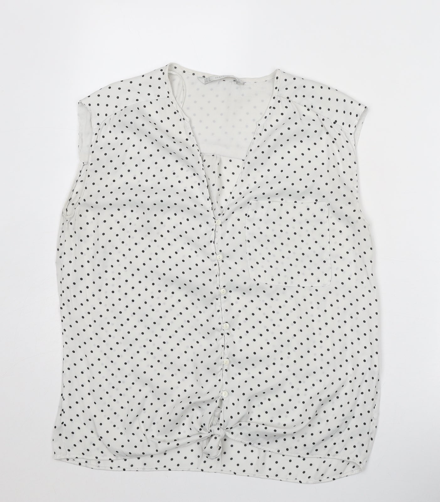 Zara Womens White Polka Dot Polyester Basic Tank Size S V-Neck - Knot Front