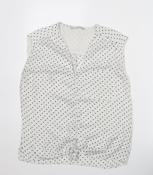 Zara Womens White Polka Dot Polyester Basic Tank Size S V-Neck - Knot Front