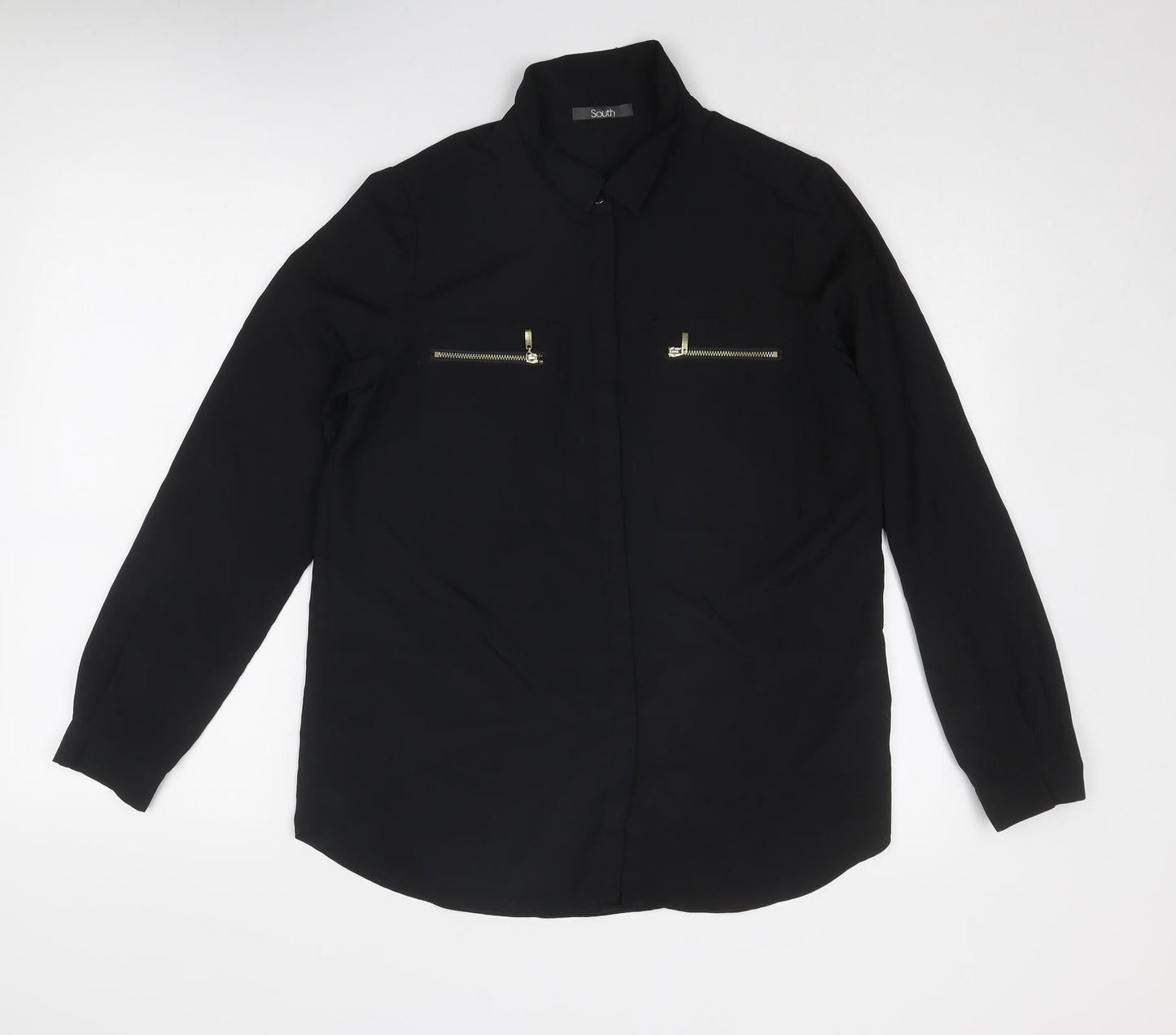 South Womens Black Polyester Basic Button-Up Size 10 Collared