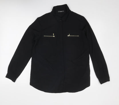South Womens Black Polyester Basic Button-Up Size 10 Collared