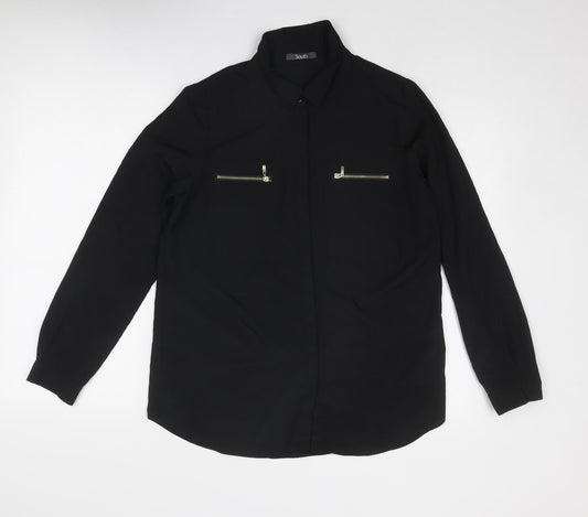 South Womens Black Polyester Basic Button-Up Size 10 Collared
