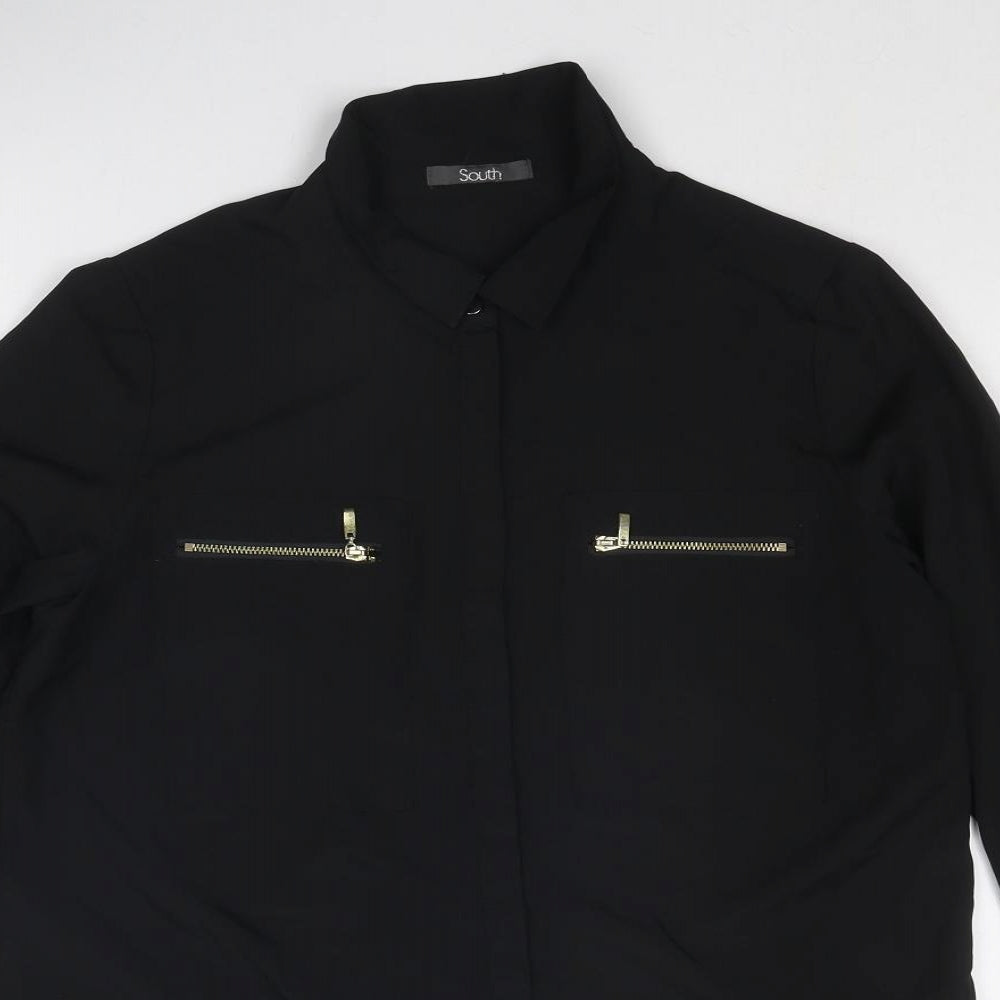 South Womens Black Polyester Basic Button-Up Size 10 Collared