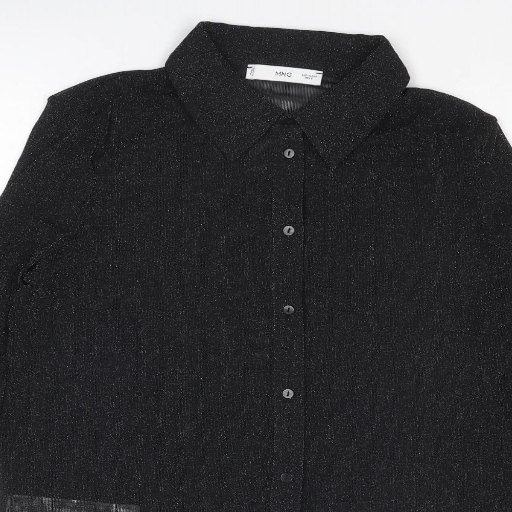 Mango Womens Black Polyamide Basic Button-Up Size L Collared