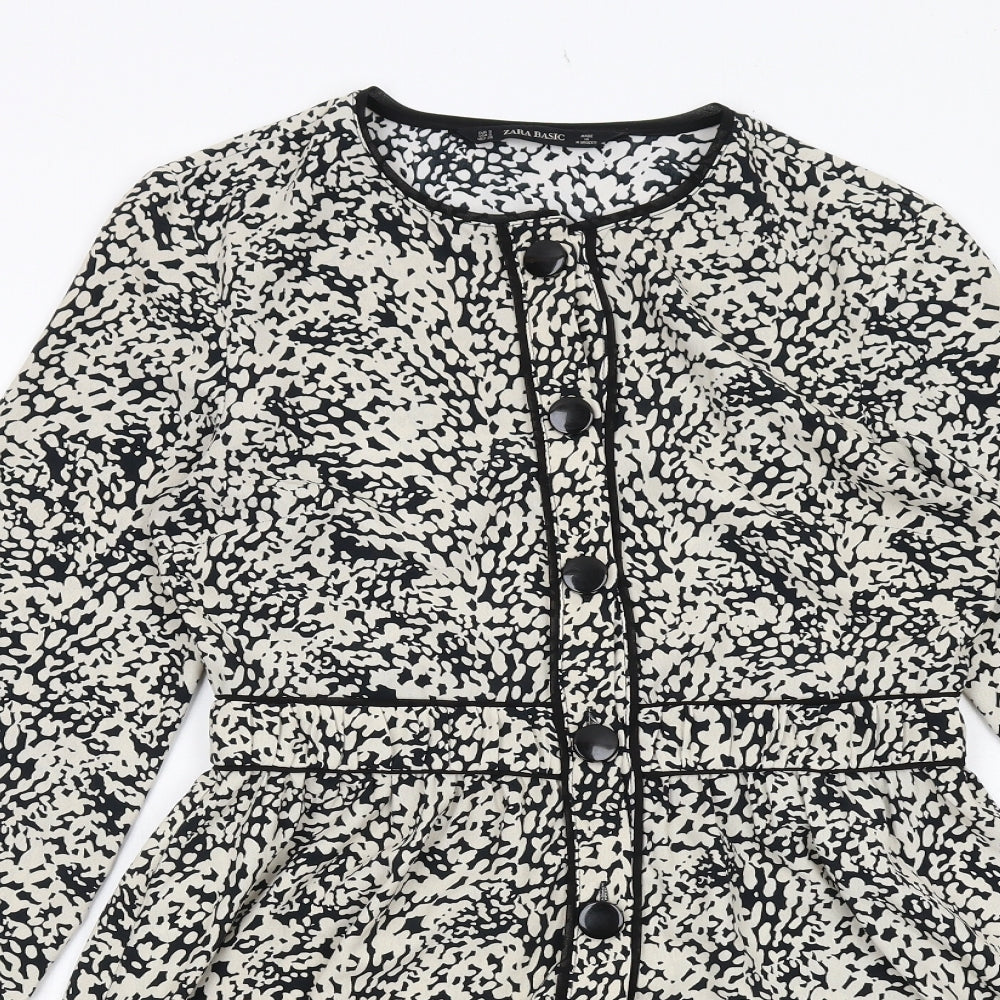 Zara Womens Ivory Animal Print Polyester A-Line Size S Boat Neck Button