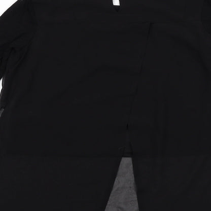 Brand and care label for H&M girls’ black polyester basic blouse, size 12-13, years round neck buckle
