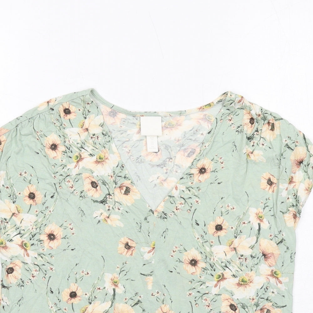 H&M Womens Green Floral Viscose Basic Blouse Size XS V-Neck