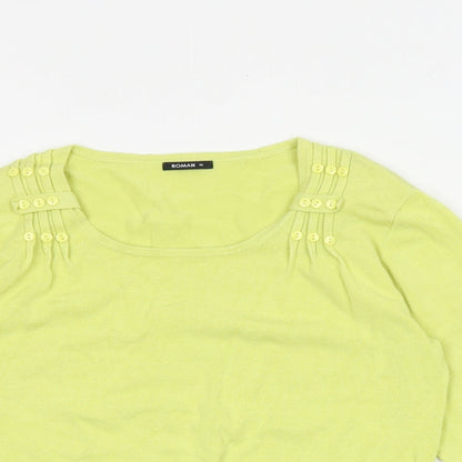 Close-up detail of Roman women’s yellow round neck viscose jumper, size UK 10