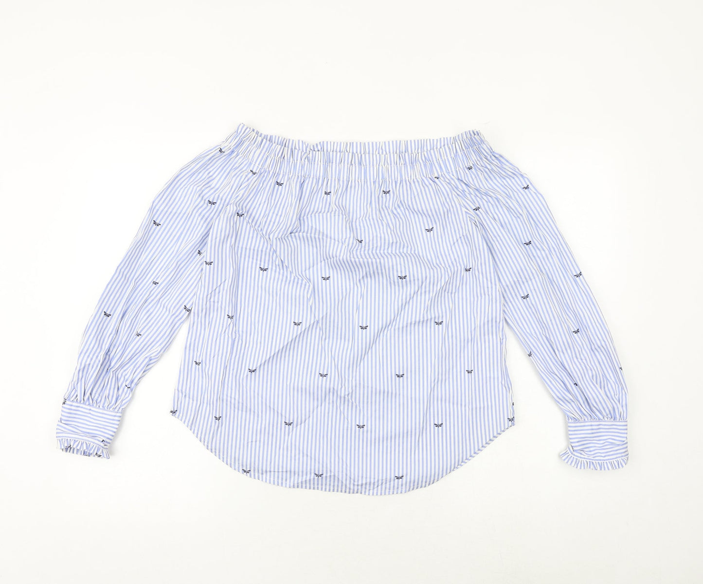 New Look Womens Blue Striped Cotton Basic Blouse Size 8 Off the Shoulder