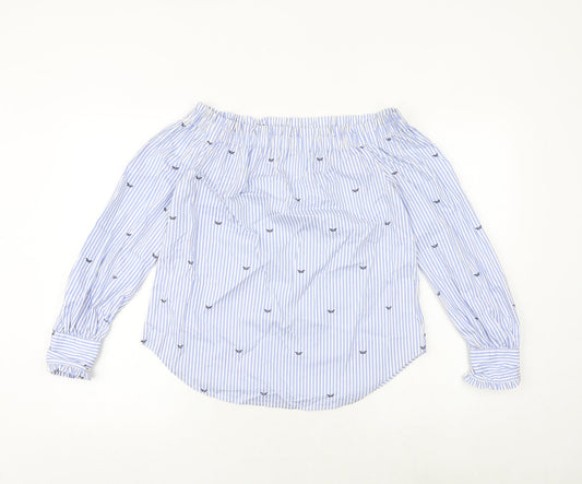 New Look Womens Blue Striped Cotton Basic Blouse Size 8 Off the Shoulder