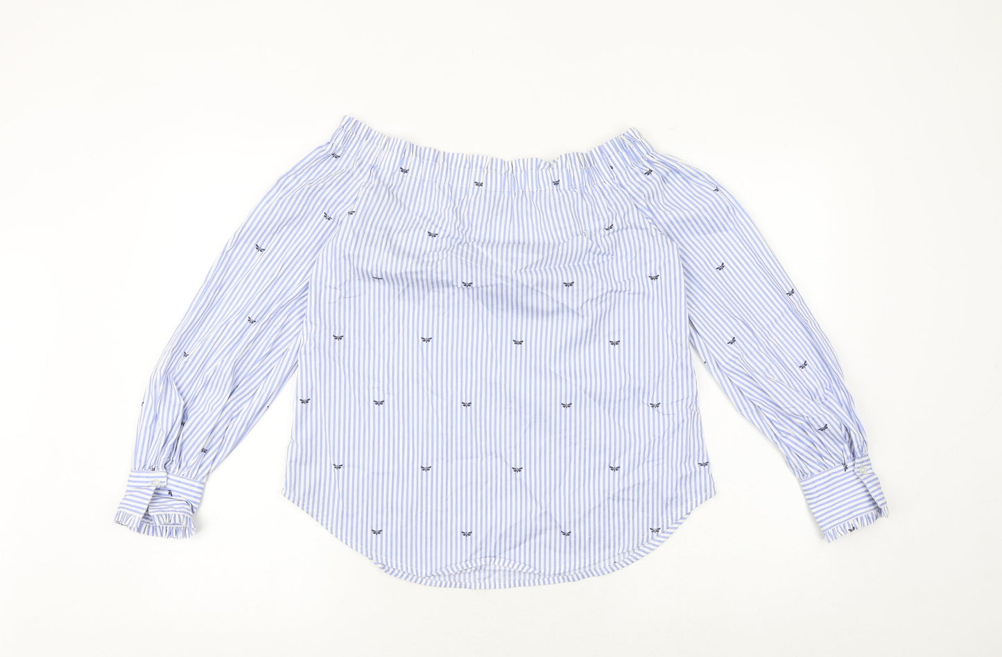 New Look Womens Blue Striped Cotton Basic Blouse Size 8 Off the Shoulder