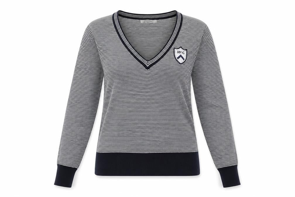 McGregor Womens Blue V-Neck Striped 100% Cotton Pullover Jumper Size S