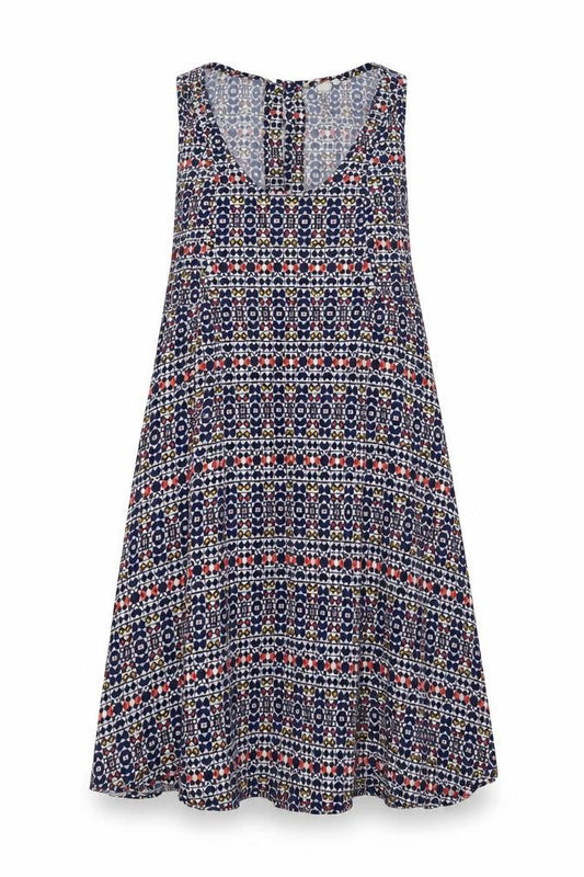 H&M Womens Blue Geometric Viscose Tank Dress Size 10 Round Neck Button