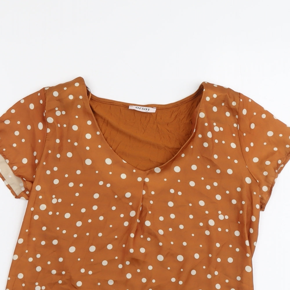 ORSAY Womens Brown Polka Dot Polyester Basic T-Shirt Size S Scoop Neck