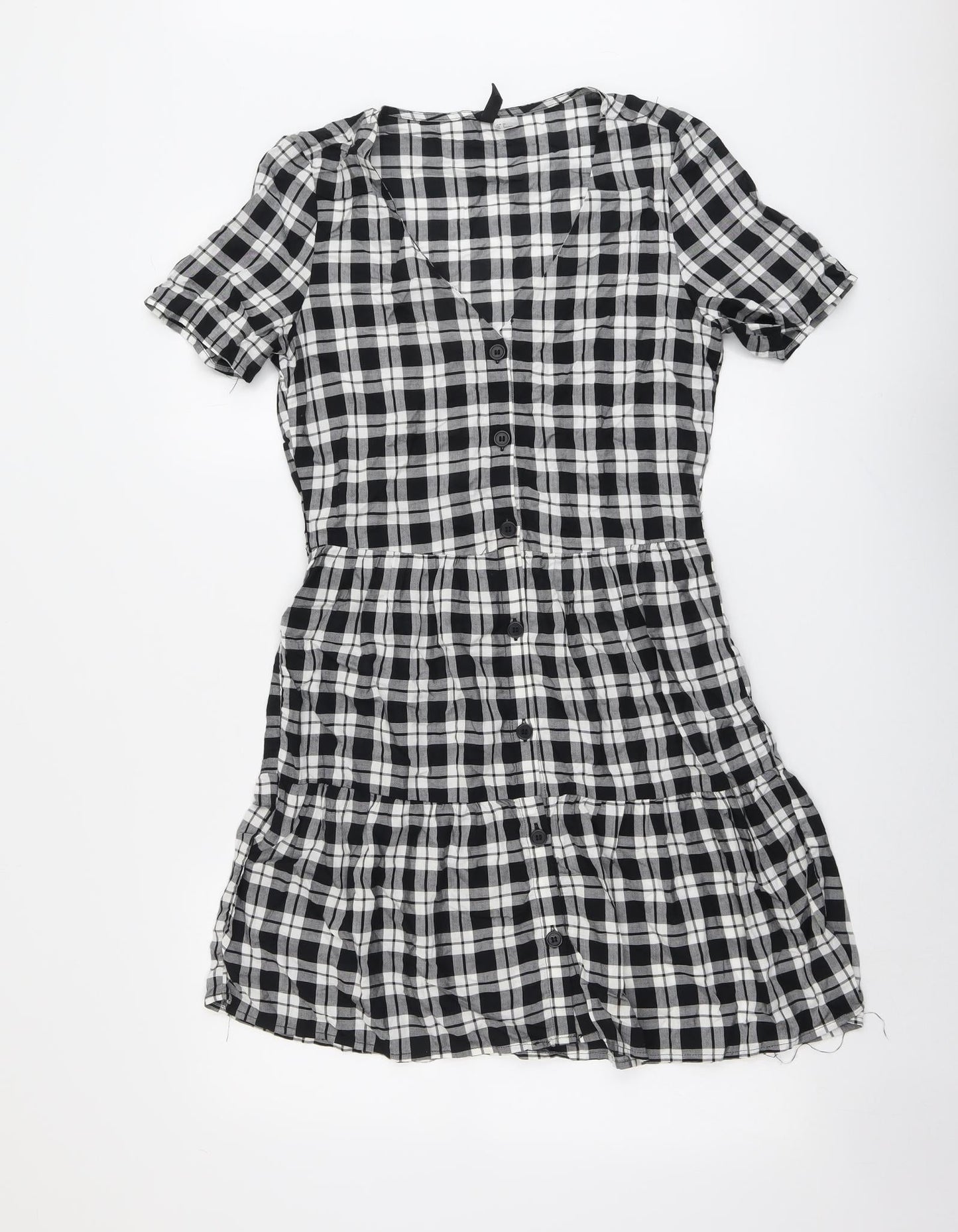 H&M Womens Black Plaid Viscose A-Line Size 6 V-Neck Button - Tiered