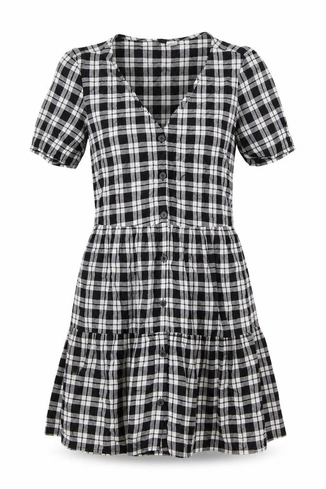 H&M Womens Black Plaid Viscose A-Line Size 6 V-Neck Button - Tiered
