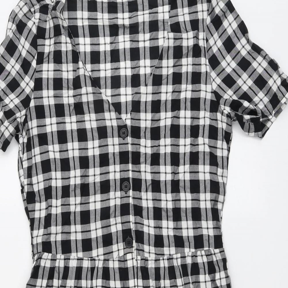 H&M Womens Black Plaid Viscose A-Line Size 6 V-Neck Button - Tiered