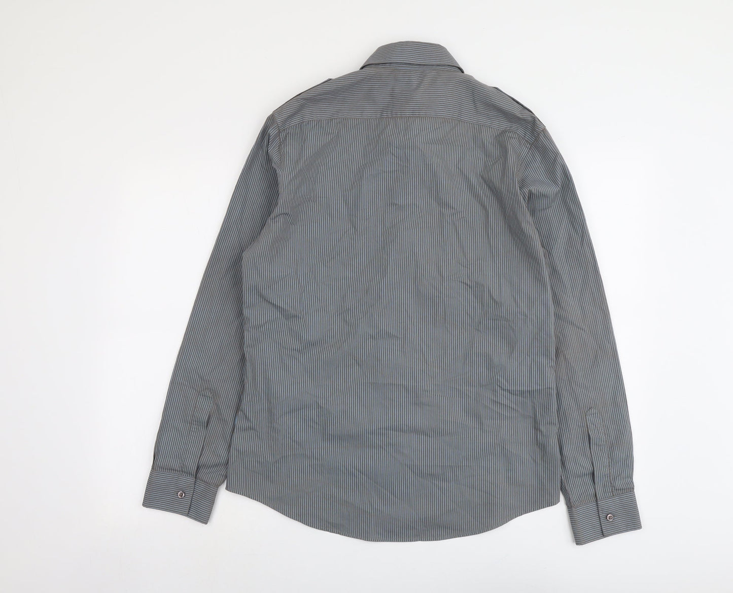 River Island Mens Grey Striped Polyester Button-Up Size M Collared Button
