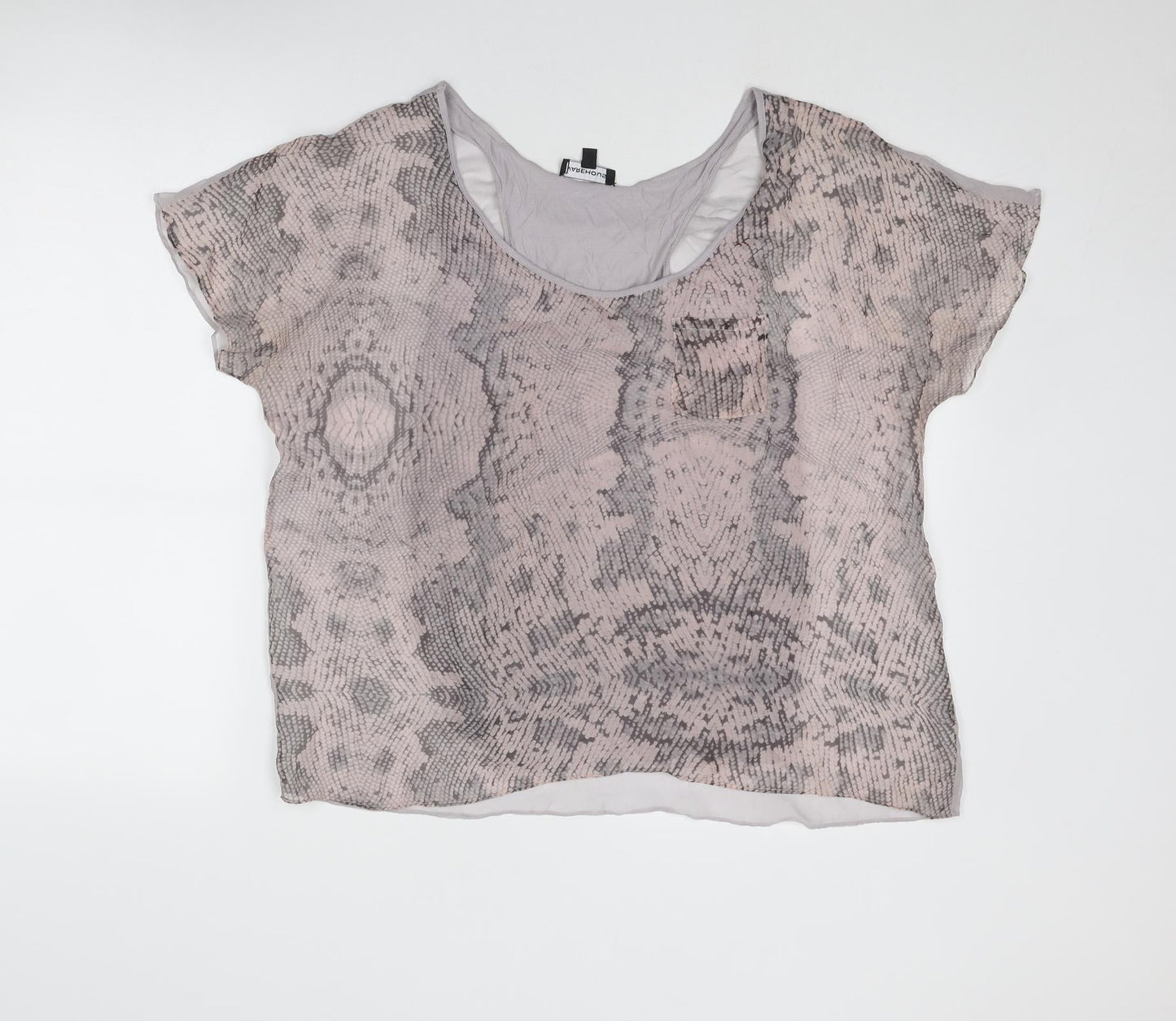 Warehouse Womens Grey Geometric Silk Basic T-Shirt Size 12 Scoop Neck