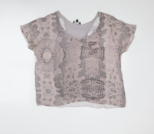 Warehouse Womens Grey Geometric Silk Basic T-Shirt Size 12 Scoop Neck