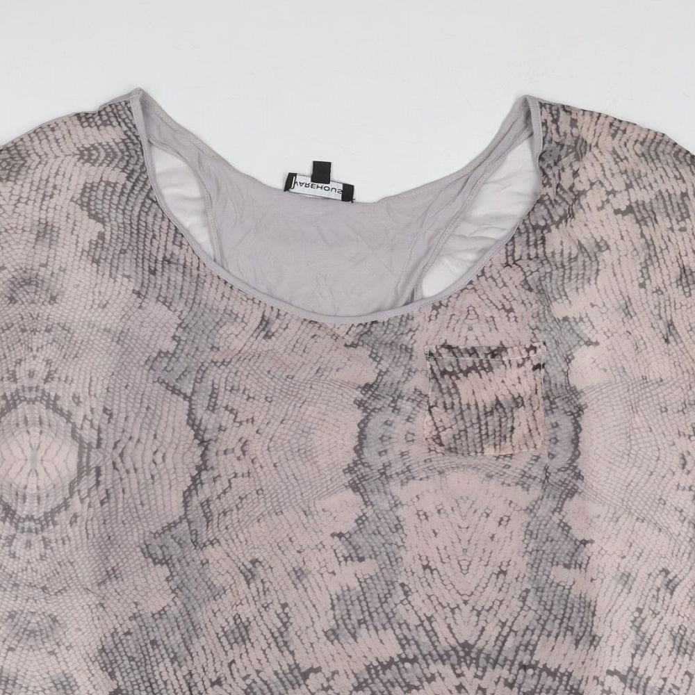 Warehouse Womens Grey Geometric Silk Basic T-Shirt Size 12 Scoop Neck